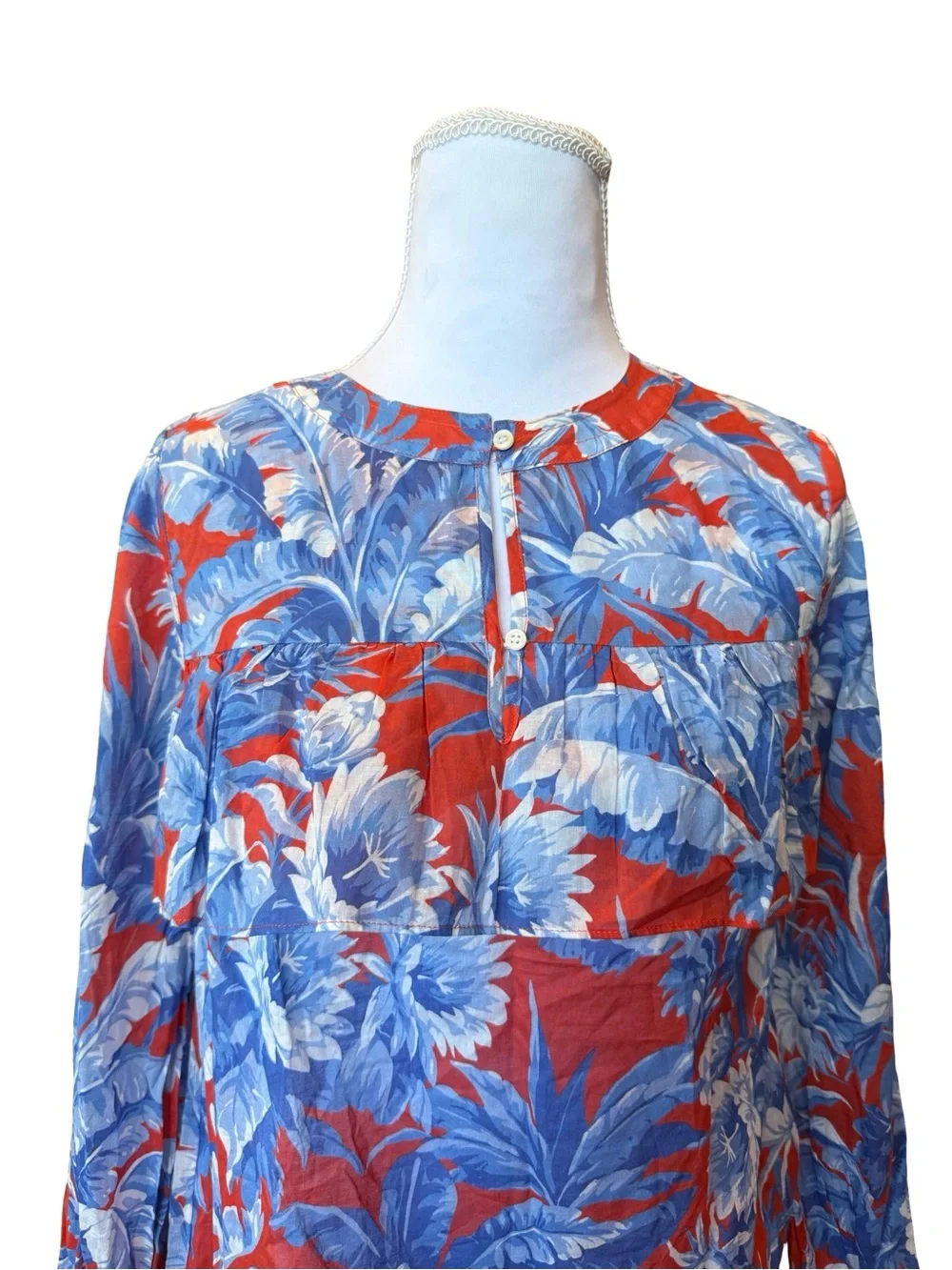 J.Crew Tropical Floral Ruffle Blouse XS 100% Cotton Red Blue Lightweight Boho